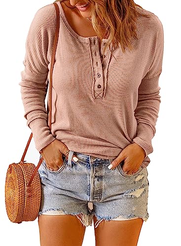 Dokotoo Damen Langarmshirt Basic Knopfleiste Pullover Casual Einfarbig Langarm Oberteil Shirt Bluse, rosa, M von Dokotoo