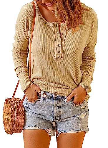 Dokotoo Damen Langarmshirt Basic Knopfleiste Pullover Casual Einfarbig Langarm Oberteil Shirt Blusen, rosa, L von Dokotoo