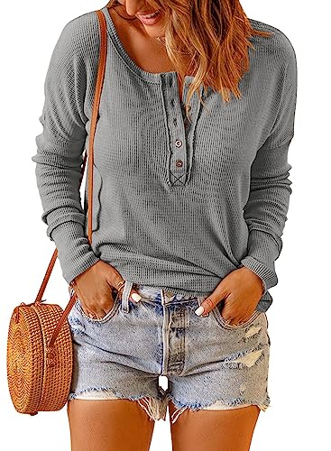 Dokotoo Damen Langarmshirt Basic Knopfleiste Pullover Casual Einfarbig Langarm Oberteile Shirt Bluse, rosa, M von Dokotoo