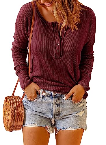 Dokotoo Damen Langarmshirt Basic Knopfleiste Pullover Herbst Winter Longsleeve Oberteil Shirt Bluse, rot, S von Dokotoo