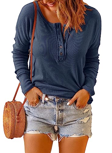 Dokotoo Damen Langarmshirt Basic Knopfleiste Pullover Herbst Winter Longsleeve Oberteil Shirts Bluse, blau, M von Dokotoo