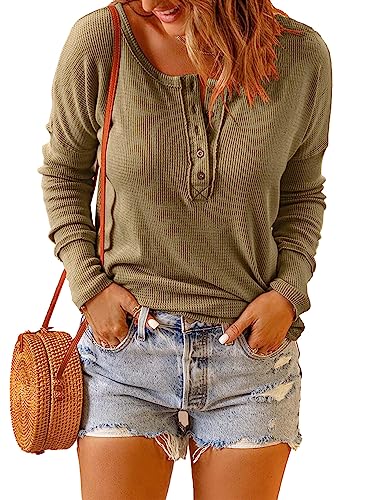 Dokotoo Damen Langarmshirt Basic Knopfleiste Pullover Longsleeve Baumwolle Oberteil Shirt Bluse, grün, XL von Dokotoo