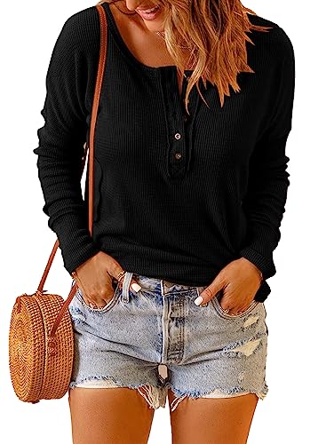 Dokotoo Damen Langarmshirt Basic Knopfleiste Pullover Schwarz Casual Longsleeve Oberteil Shirt Bluse Groß von Dokotoo