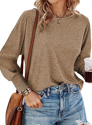 Dokotoo Damen Langarmshirt Basic Rundhals Langarm T Shirt Frühling Sommer Casual Lose Oberteile Bluse Tunika, Khaki, L von Dokotoo