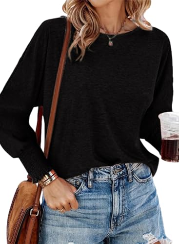 Dokotoo Damen Langarmshirt Basic Schwarz Rundhals Langarm T Shirt Frühling Sommer Casual Lose Oberteile Bluse Tunika X-Groß von Dokotoo