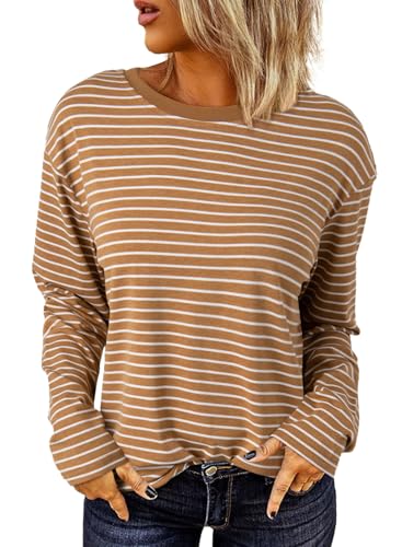Dokotoo Damen Langarmshirt Basic Streifen Langarm Shirts Casual Rundhals Oberteile Shirt Tops, Khaki, XXL von Dokotoo