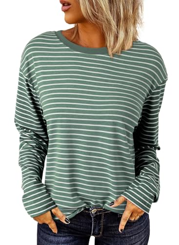 Dokotoo Damen Langarmshirt Basic Streifen Langarm Shirts Casual Rundhals Oberteile Shirt Tops, grün, XXL von Dokotoo