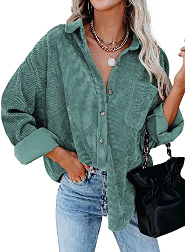 Dokotoo Damen Langarmshirt Bluse Elegant Lässig Tops Langarm Knopfleiste Einfarbig Shirts Cord Hemdkragen Tunika Stehkragen Hemd mit Brusttaschen Oberteile Grün 2XL von Dokotoo