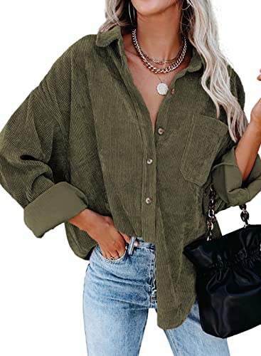 Dokotoo Damen Langarmshirt Bluse Elegant Lässig Tops Langarm Knopfleiste Einfarbig Shirts Cord Hemdkragen Tunika Stehkragen Hemd mit Brusttaschen Oberteile Grün 2XL von Dokotoo