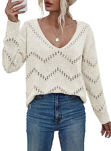 Dokotoo Damen Langarmshirt Pullover Elegant V-Ausschnitt Leichter Strickpullover Pulli Sexy Einfarbig Lose Longsleeve Oberteile Shirt, weiß, XL von Dokotoo