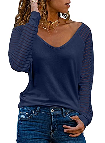 Dokotoo Damen Oberteile Blau Streifen Mesh Langarmshirt Pullover Casual V-Ausschnitt Bluse Shirts Tops XX-Large von Dokotoo