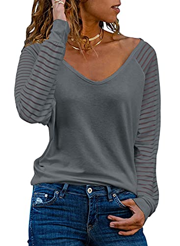 Dokotoo Damen Oberteile Grau Streifen Mesh Langarmshirt Pullover Casual V-Ausschnitt Bluse Shirts Tops Large von Dokotoo