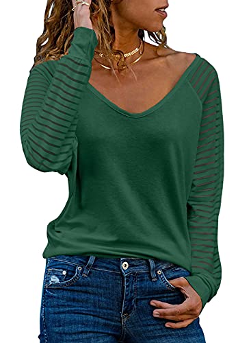 Dokotoo Damen Oberteile Grün Streifen Mesh Langarmshirt Pullover Casual V-Ausschnitt Bluse Shirts Tops Medium von Dokotoo