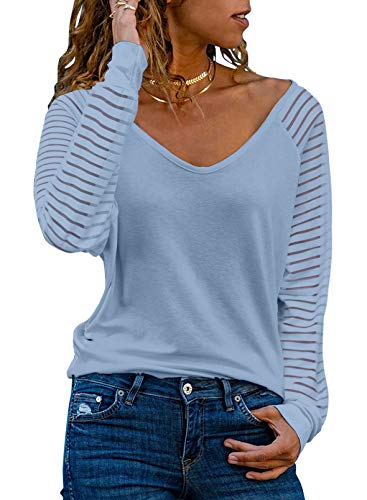 Dokotoo Damen Oberteile Himmelblau Streifen Mesh Langarmshirt Casual V-Ausschnitt Bluse Shirt Tops X-Large von Dokotoo