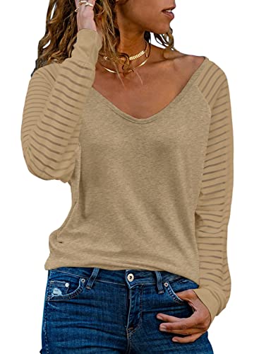 Dokotoo Damen Oberteile Khaki Streifen Mesh Langarmshirt Pullover Casual V-Ausschnitt Bluse Shirts Tops X-Large von Dokotoo