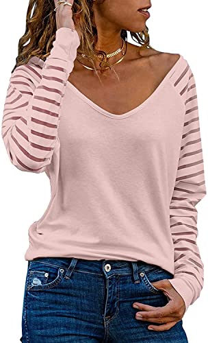 Dokotoo Damen Oberteile Rosa Streifen Mesh Langarmshirt Casual V-Ausschnitt Bluse Shirt Tops Large von Dokotoo