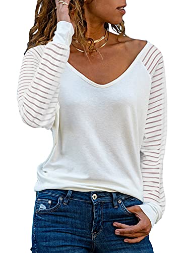 Dokotoo Damen Oberteile Streifen Mesh Langarmshirt Casual V-Ausschnitt Bluse Shirt Tops Weiß Small von Dokotoo