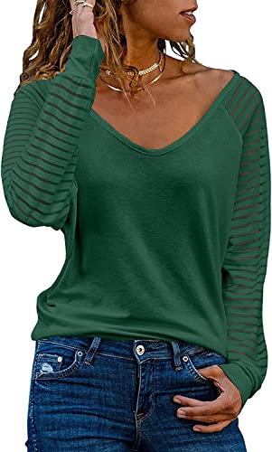 Dokotoo Damen Oberteile Streifen Mesh Langarmshirt Pullover Casual V-Ausschnitt Bluse Shirts Tops, grün, L von Dokotoo