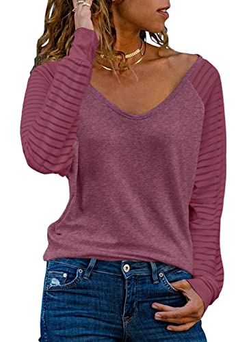 Dokotoo Damen Oberteile Violett Streifen Mesh Langarmshirt Pullover Casual V-Ausschnitt Bluse Shirts Tops Large von Dokotoo