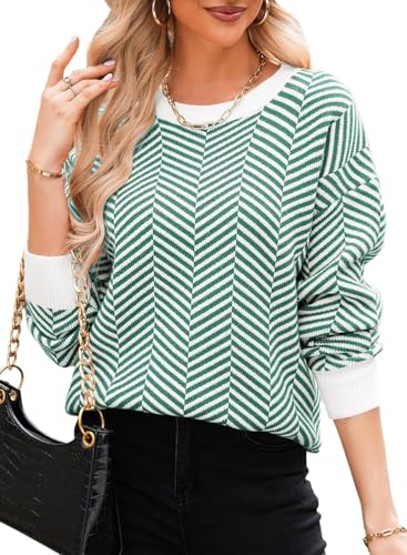 Dokotoo Damen Pullover Elegant Rundhals Langarm Strickpullover Herbst Winter Norweger Oberteile Pulli Sweater, grün Streifen, S von Dokotoo