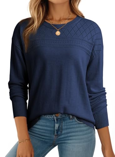 Dokotoo Damen Pullover Elegant Rundhals Langarm Strickpullover Mode Lässig Einfarbig Oberteile Herbst Winter Wolle Damenpullover Pulli, blau, XL von Dokotoo