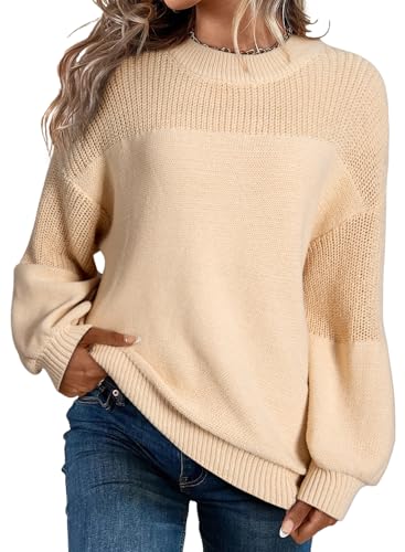 Dokotoo Damen Pullover Elegant Rundhals Puffärmel Strickpullover Einfarbig Lose Oberteile Herbst Winterpullover Pulli, Aprikose, S von Dokotoo