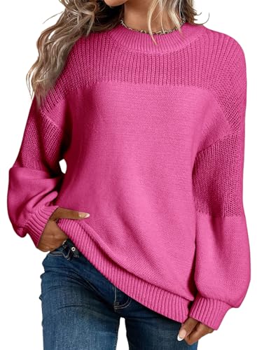 Dokotoo Damen Pullover Elegant Rundhals Puffärmel Strickpullover Einfarbig Lose Oberteile Herbst Winterpullover Pulli, Rose, S von Dokotoo