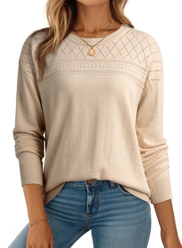 Dokotoo Damen Pullover Elegant Rundhals Wolle Strickpullover Einfarbig Frühling Herbst Langarmshirt Feinstrick Winterpullover Pulli, beige, L von Dokotoo