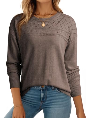 Dokotoo Damen Pullover Elegant Rundhals Wolle Strickpullover Einfarbig Frühling Herbst Langarmshirt Feinstrick Winterpullover Pulli, braun, L von Dokotoo