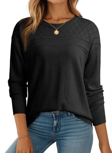 Dokotoo Damen Pullover Elegant Rundhals Wolle Strickpullover Einfarbig Frühling Herbst Langarmshirt Feinstrick Winterpullover Pulli, schwarz, L von Dokotoo