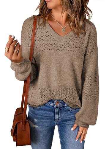 Dokotoo Damen Pullover Elegant V Ausschnitt Langarm Strickpullover Einfarbig Lose Oberteile Herbst Winter Feinstrick Pulli Sweater, Kamel, M von Dokotoo