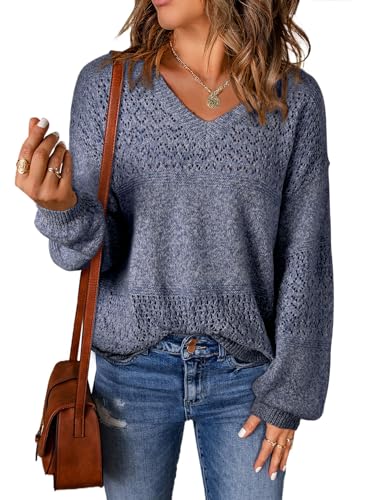 Dokotoo Damen Pullover Elegant V Ausschnitt Langarm Strickpullover Einfarbig Lose Oberteile Herbst Winter Feinstrick Pulli Sweater, blau, M von Dokotoo