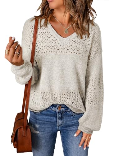 Dokotoo Damen Pullover Elegant V Ausschnitt Strickpullover Einfarbig Lose Langarmshirt Herbst Winter Feinstrick Pulli Sweater, weiß, L von Dokotoo