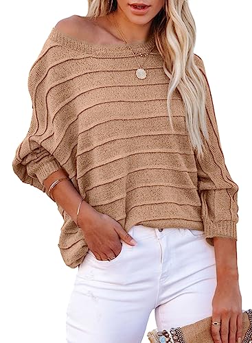 Dokotoo Damen Pullover Oversize Fledermausärmel Strickpullover Pulli Rundhals Herbst Winter Langarmshirt Shirts Oberteil, Khaki, XL von Dokotoo