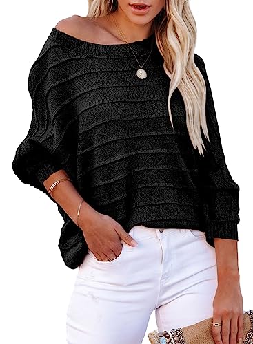 Dokotoo Damen Pullover Oversize Fledermausärmel Strickpullover Pulli Rundhals Herbst Winter Langarmshirt Shirts Oberteil, schwarz, XL von Dokotoo