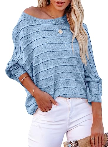 Dokotoo Damen Pullover Oversize Fledermausärmel Strickpullover Rundhals Herbst Winter Langarmshirt Oberteil Pulli, himmelblau, M von Dokotoo