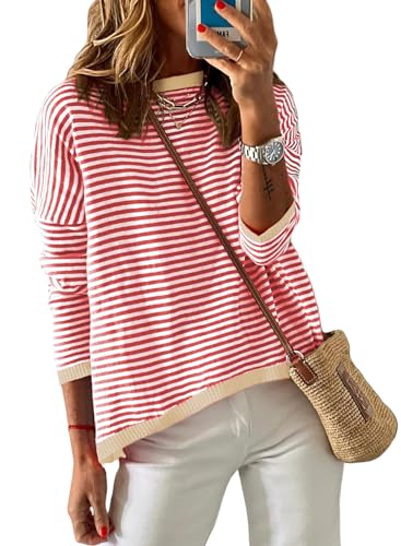 Dokotoo Damen Pullover Rundhals Langarm Streifen Strickpullover Pulli Herbst Winterpullover Oberteil Shirt, rot, XXL von Dokotoo