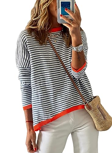 Dokotoo Damen Pullover Rundhals Langarm Streifen Strickpullover Pulli Herbst Winterpullover Oberteile Shirt, Streifen, XXL von Dokotoo