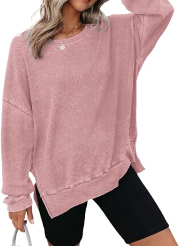 Dokotoo Damen Pullover Rundhals Oversized Sweatshirt Basic Herbst Winter Langarmshirt Lose Asymmetrisch Oberteil Pulli Shirt, rosa, XL von Dokotoo