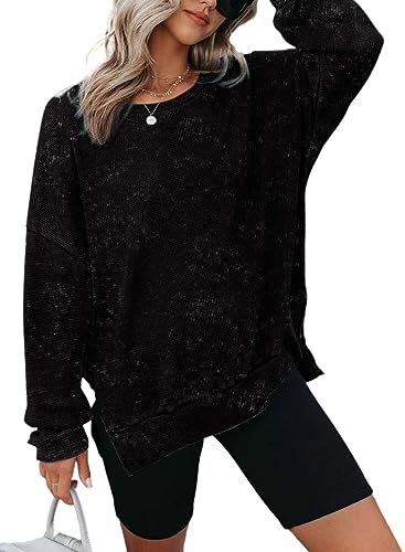 Dokotoo Damen Pullover Rundhals Oversized Sweatshirt Basic Herbst Winter Langarmshirt Lose Asymmetrisch Oberteil Pulli Shirt, schwarz, XL von Dokotoo