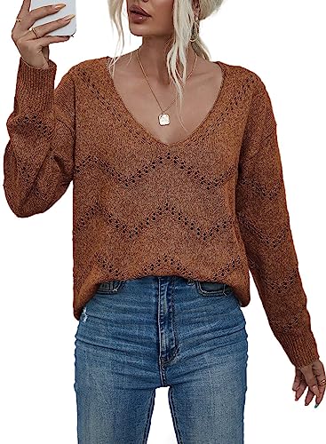 Dokotoo Damen Pullover V-Ausschnitt Elegant Strickpullover Pulli Einfarbig Lose Langarmshirt Herbst Winter Leicht Oberteile Shirt Bluse, braun, M von Dokotoo