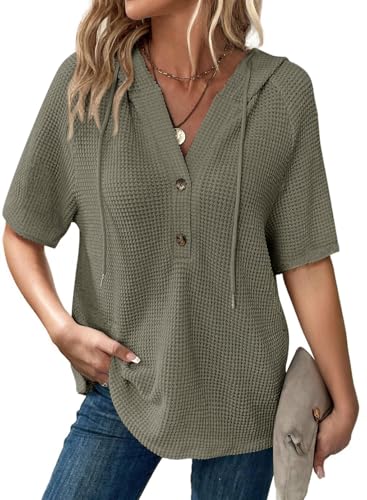 Dokotoo Damen Sommer Hoodie Oberteile Waffel Kurzarm Kapuzenpullover Tunika Oberteil Pullover Kordelzug Sweatshirt Einfarbig Sweatshirts Frauen Lässig Tops T-Shirts Grün L Dokotoo Damen Sommer Hoodie Oberteile Waffel Kurzarm Kapuzenpullover Tunika Oberteil Pullover Kordelzug Sweatshirt Einfarbig Sweatshirts Frauen Lässig Tops T-Shirts Grün L von Dokotoo