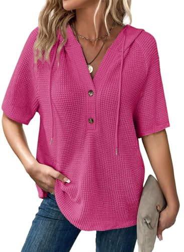 Dokotoo Damen Sommer Hoodie Oberteile Waffel Kurzarm Kapuzenpullover Tunika Oberteil Pullover Kordelzug Sweatshirt Einfarbig Sweatshirts Frauen Lässig Tops T-Shirts Rosa XL von Dokotoo