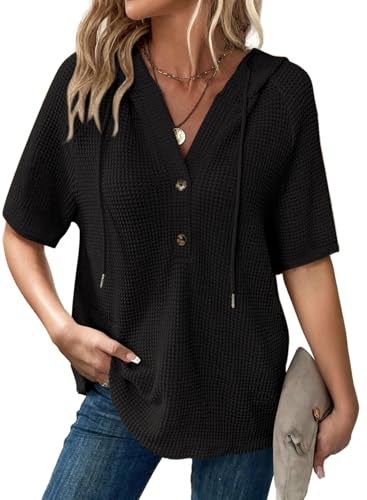 Dokotoo Damen Sommer Hoodie Oberteile Waffel Kurzarm Kapuzenpullover Tunika Oberteil Pullover Kordelzug Sweatshirt Einfarbig Sweatshirts Frauen Lässig Tops T-Shirts Schwarz M Dokotoo Damen Sommer Hoodie Oberteile Waffel Kurzarm Kapuzenpullover Tunika Oberteil Pullover Kordelzug Sweatshirt Einfarbig Sweatshirts Frauen Lässig Tops T-Shirts Schwarz M von Dokotoo