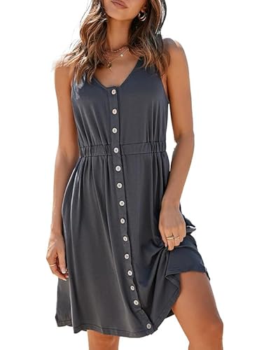 Dokotoo Damen Sommerkleid Knopfleiste Ärmellos A-Linie Midi Kleider Sommer Knielang Freizeitkleid mit Taschen, grau, XL von Dokotoo