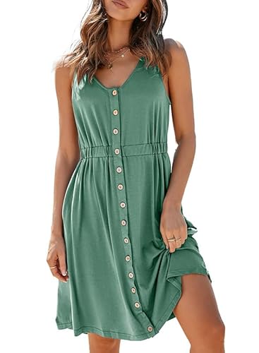 Dokotoo Damen Sommerkleid Knopfleiste Ärmellos A-Linie Midi Kleider Sommer Knielang Freizeitkleid mit Taschen, grün, XL von Dokotoo