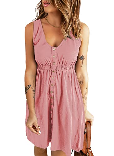 Dokotoo Damen Sommerkleid Knopfleiste Ärmellos A-Linie Midi Kleider Sommer Knielang Freizeitkleid mit Taschen, rosa, XL von Dokotoo