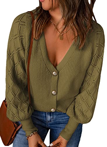 Dokotoo Damen Strickjacke V-Ausschnitt Cardigan Elegant Einfarbig Kurz Strickmantel Pullover Herbst Winter Strickpullover Pulli mit Knopf, grün, S von Dokotoo