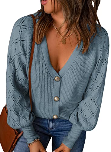 Dokotoo Damen Strickjacke V-Ausschnitt Cardigan Elegant Einfarbig Kurz Strickmantel Strickcardigan Herbst Winter Strickpullover Jacke mit Knopf, himmelblau, M von Dokotoo