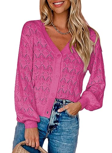 Dokotoo Damen Strickjacke V-Ausschnitt Kurzer Cardigan Elegant Langarm Leichter Strickpullover mit Knopf, Rose, L von Dokotoo